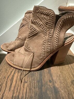 Vince Camuto cut out heel taupe booties